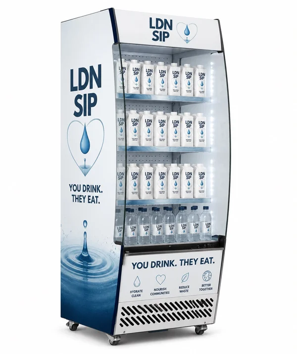 LDN SIP branded retail chiller stocked with cartons and bottles