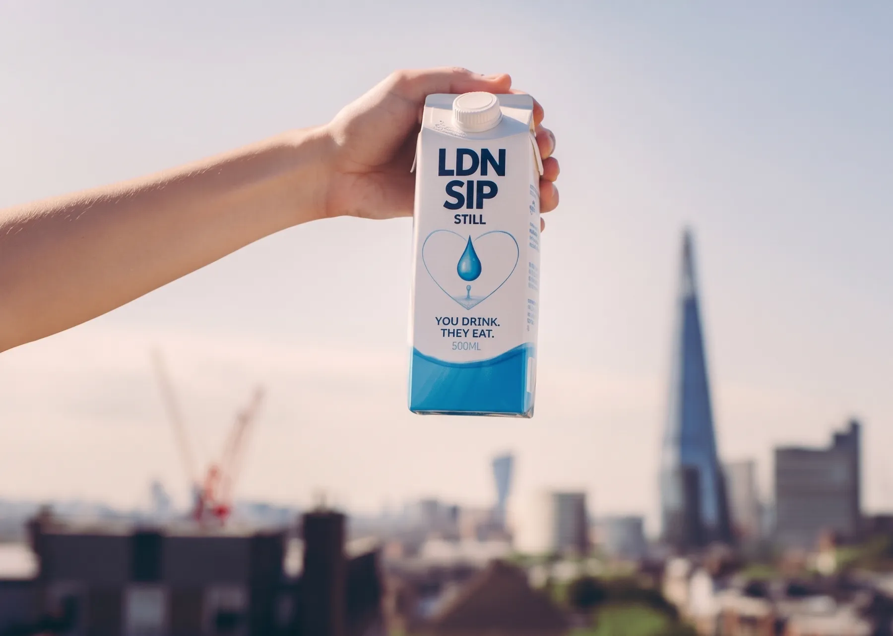 A hand holding an LDN SIP carton against the London skyline